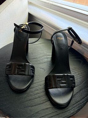 Fendi Black Leather Embossed FF Ankle-Strap Heels